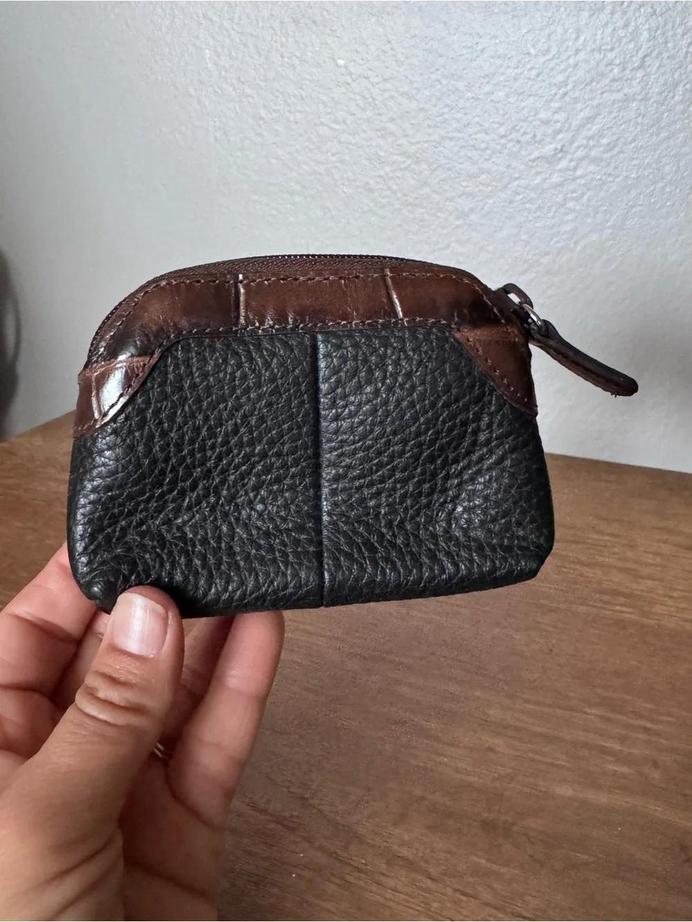 Brighton Black Pebble Leather Coin Purse Brown Croc Embossed Trim Heart Accent
